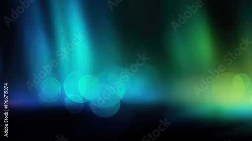 Abstract blurred background with blue and green gradient tones, soft light rays and dark bokeh effect, minimalist design with copy space, sleek black backdrop for banners, covers and modern digital pr