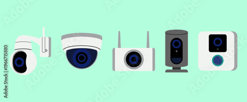 Home Security Systems and CCTV Surveillance Camera Icons Set, Wireless Smart Monitoring Devices and Video Doorbell Vector Symbols for Protection