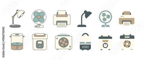 Household Appliances and Electronic Office Equipment Icons Collection, Desk Lamp, Fan, Printer, Air Conditioner and Purifier Symbols for Modern Living Room