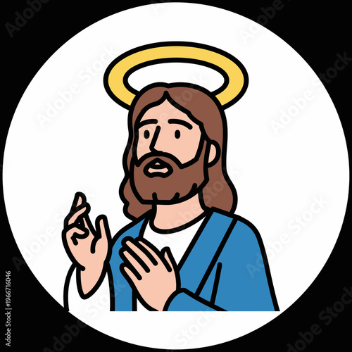 Cartoon illustration of Jesus Christ with a halo, looking up and gesturing, depicted in a simple, clean style.