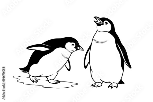 Two Cute Penguins Sketch Illustration on White Background, Antarctic Birds in Playful Poses, Hand Drawn Style Vector for Nature and Winter Theme Design