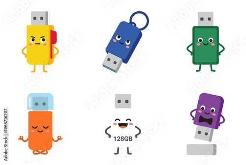 Funny USB Flash Drive Characters in Different Styles and Colors, Cute Data Storage Device Mascots with 128GB Capacity and Meditation Icons Vector