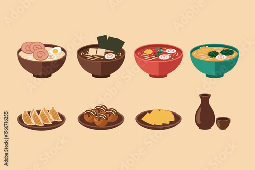Traditional Japanese Food and Cuisine Collection Featuring Various Ramen Bowls Gyoza Dumplings Takoyaki and Sake Set for Restaurant Menu Design