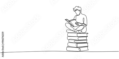 Continuous one line drawing young man reading, learning and sitting on big books. Study in library. Literature fans or lovers, education concept. Single line draw design vector graphic illustration
