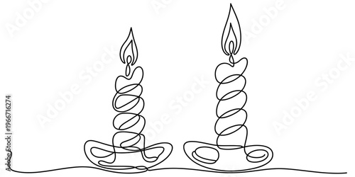 Minimalist single line art illustration of two burning candles in decorative holders.