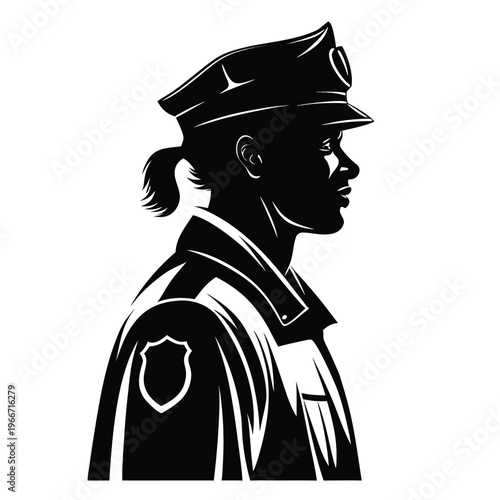 Profile view silhouette vector illustration of a female police officer wearing a traditional peaked cap