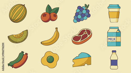 Diverse Food and Drink Collection: Flat Design Illustrations of Healthy Eating