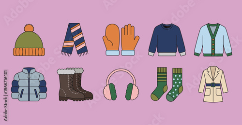 Winter Clothing and Accessories Flat Icons Set, Beanie, Scarf, Mittens, Sweater, Jacket, Boots, Earmuffs, Socks and Coat Vector Illustration Pack