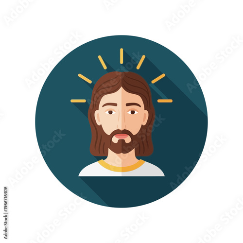 Flat design illustration of Jesus Christ with a halo, depicted in a circular icon with a long shadow.