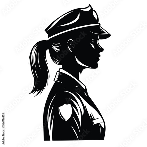 Professional woman police officer in profile wearing uniform and classic peaked cap