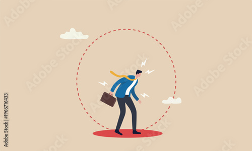  Business fall progress work, prohibited activity that limit business or career growth concept, frustrated businessman standing uncomfortably small red circle