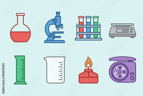 Science Lab Tools Icons Set Including Round Bottom Flask, Microscope, Test Tubes, Scale, Graduated Cylinder, Beaker, Alcohol Lamp and Centrifuge