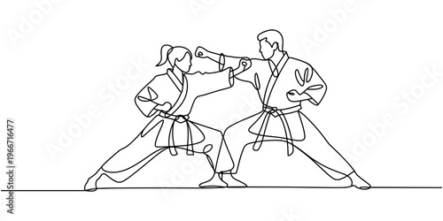 Continuous single line sketch drawing of young man and woman confident karateka in kimono practicing fight karate combat. One line traditional martial art sport training concept Vector illustration