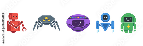 Set of Diverse Futuristic Robot Characters Including Spider Drone and Flying Bot for Technology Science Fiction and Artificial Intelligence Illustration
