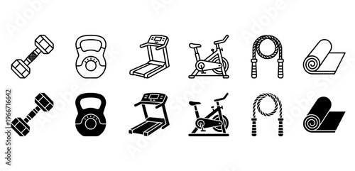 Fitness and Gym Workout Equipment Icons Collection with Dumbbell Kettlebell Treadmill Exercise Bike Jump Rope and Yoga Mat Vector Symbols for Sport