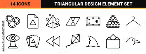 Minimalist monoline geometric icon set featuring triangular discovery motifs, primitive abstract shapes, and sleek architectural outlines.