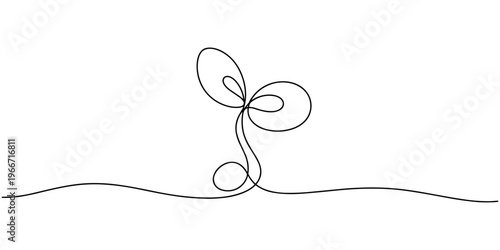 Continuous one line drawing of a young plant sprout with two leaves growing from the ground. Plant drawing with editable black stroke on white background. Vector illustration.