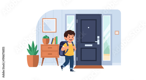 A happy child with a backpack walks out the front door, ready for school in the morning.