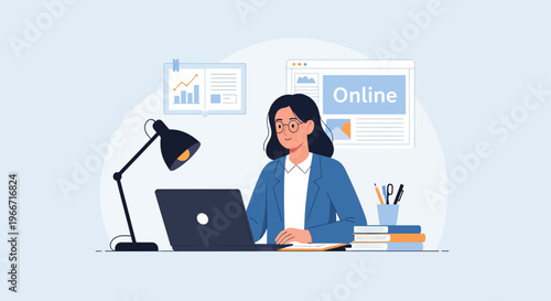 A focused woman in glasses working on a laptop with an 'Online' screen and study materials, representing remote education and professional development.