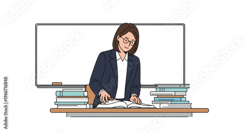 A diligent teacher in glasses preparing a lesson by reviewing a book at a desk in front of a whiteboard, surrounded by stacks of books.