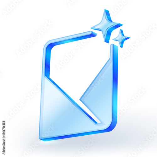 3D blue glass email envelope icon with glowing stars, representing AI powered smart inbox, digital communication and premium creative mailing services on a white background. Vector illustration.g