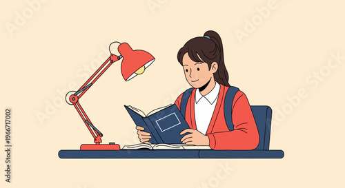 Young student concentrating on reading a book under a desk lamp, preparing for studies