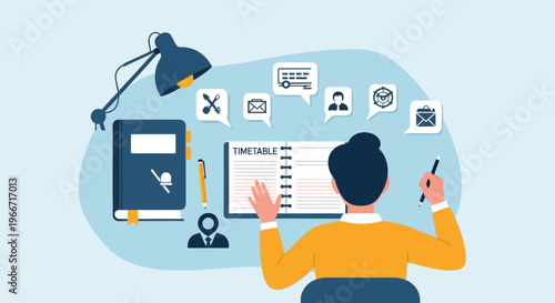 Student organizing their timetable with study materials and icons for planning and education
