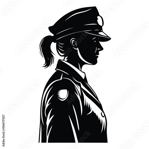 Strong professional female law enforcement officer in uniform with cap and ponytail profile