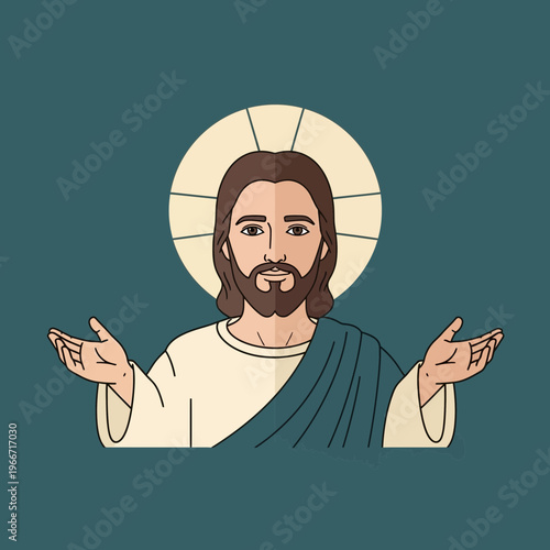 Cartoon illustration of Jesus Christ with a halo and outstretched arms, depicted in a welcoming and benevolent pose.