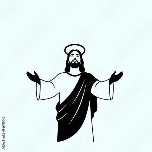 Black and white illustration of Jesus Christ with a halo and outstretched arms, depicted in a welcoming or blessing pose, symbolizing faith and spirituality.