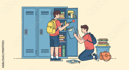 Two students organizing school lockers and books for education