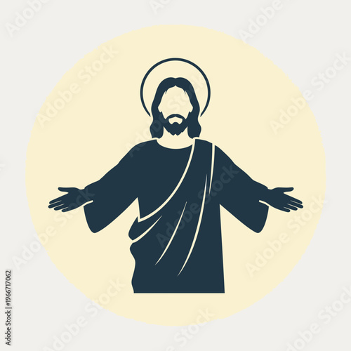 Silhouette illustration of Jesus Christ with open arms and a halo, depicted in a minimalist style on a light circular background.