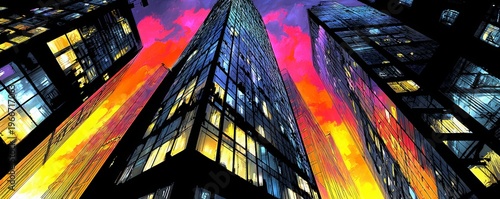 Low angle view of skyscrapers at sunset. City buildings with illuminated windows under dramatic colorful sky. Urban street perspective with glowing lights and futuristic architecture style.