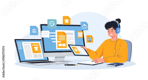 Young student organizing digital tasks and learning materials on multiple devices