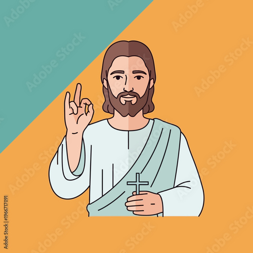 Cartoon illustration of Jesus Christ with a beard, holding a cross, and making a blessing gesture on a split color background.