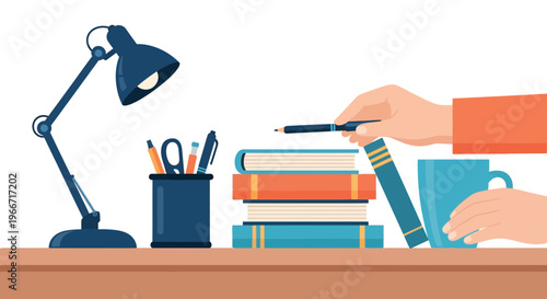 Student arranging books and writing tools on a desk with lamp for focused study