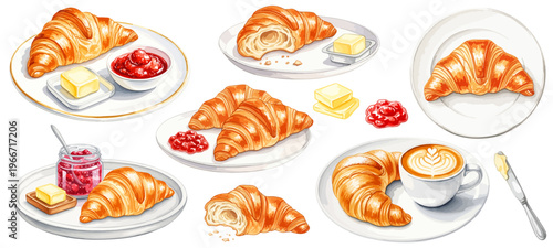 クロワッサンとコーヒーの水彩風イラストセット｜朝食・カフェ・ベーカリー素材