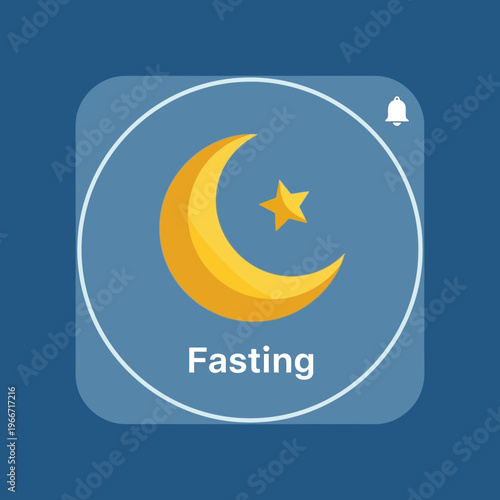 App icon featuring a golden crescent moon and star with 'Fasting' text and a notification bell on a blue background.