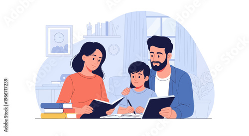 A supportive family studies together at home, with parents guiding their child's learning activities and homework.