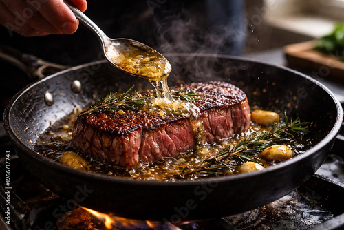 Cinematic Butter Basted Medium Rare Steak in Cast Iron Skillet with Garlic and Rosemary, Sizzling Gourmet Food Photography