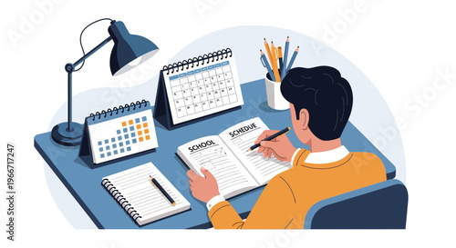 Student diligently planning their school schedule at a desk with calendars and notebooks