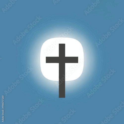 A dark grey Christian cross symbol on a glowing white rounded square against a blue background.