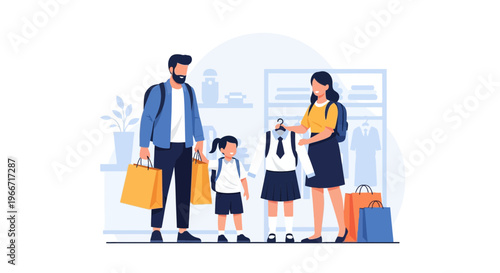 Family shopping for school uniforms in a retail store, parents and children selecting outfits.