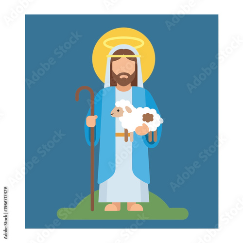 Flat design illustration of Jesus Christ as the Good Shepherd, holding a lamb and a staff, with a halo, standing on green grass.