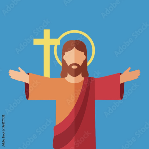 A flat design illustration of Jesus Christ with outstretched arms, a halo, and a golden cross in the background on a blue field.