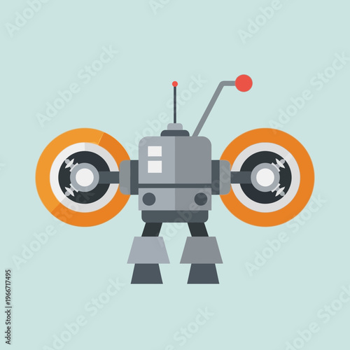 Flat design illustration of a futuristic grey robot with large orange wheels and an antenna on a light blue background.