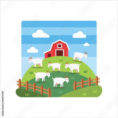 A charming flat design illustration of five white goats grazing on a green hill with a red barn and blue sky.