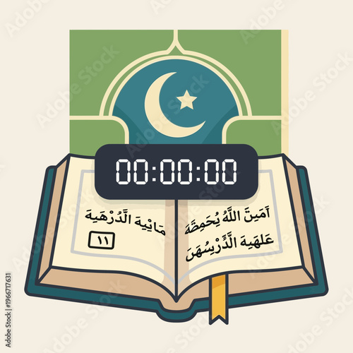 An open holy book with Arabic script and a digital timer, set against a background featuring a crescent moon and star, symbolizing Islamic prayer and study.
