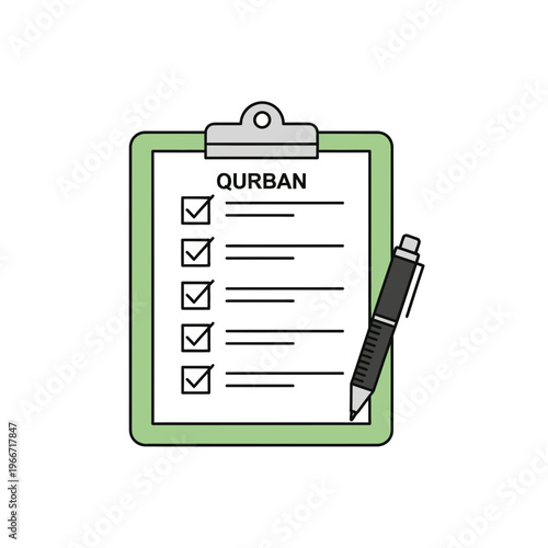 Qurban checklist on a green clipboard with a pen, symbolizing religious sacrifice preparation and task completion.