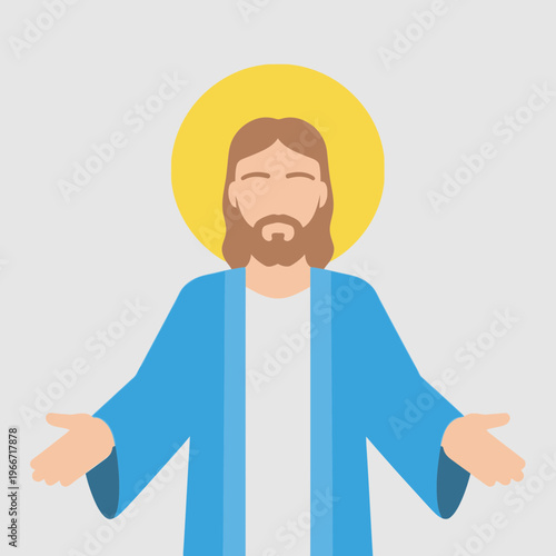 Flat design illustration of Jesus Christ with a halo and outstretched arms, depicting a welcoming or blessing gesture.